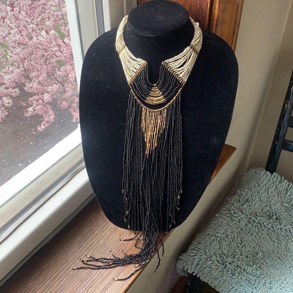 Beaded frontal necklace 13 inches around neck 20 inches down front  good cond